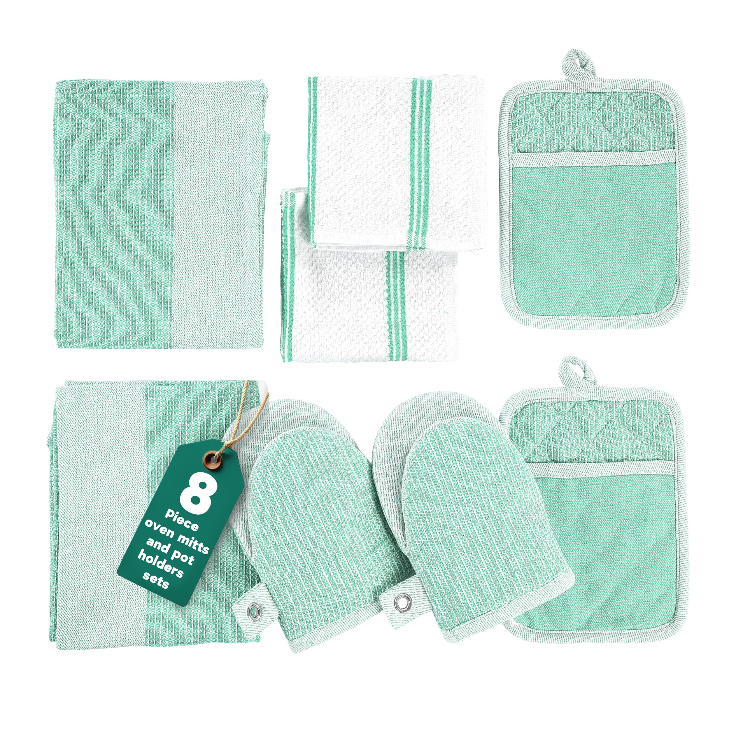 Casa Platino Potholders & Oven Mitts Heat Resistant, 8-Piece Mini Oven Mitt with Silicone Grip, Potholder for Kitchens, 2 Kitchen Towels & 2 Dish Cloths – Durable & Non-Slip – Sage