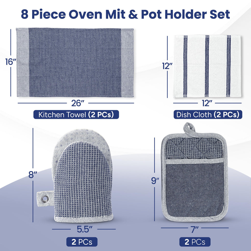 Casa Platino Mini Oven Mitts Set, 8-Piece – 500°F Heat Resistant Silicone Oven Mitt, Potholders for Kitchens, 2 Kitchen Towels & 2 Dish Cloths – Non-Slip & Durable – Indigo