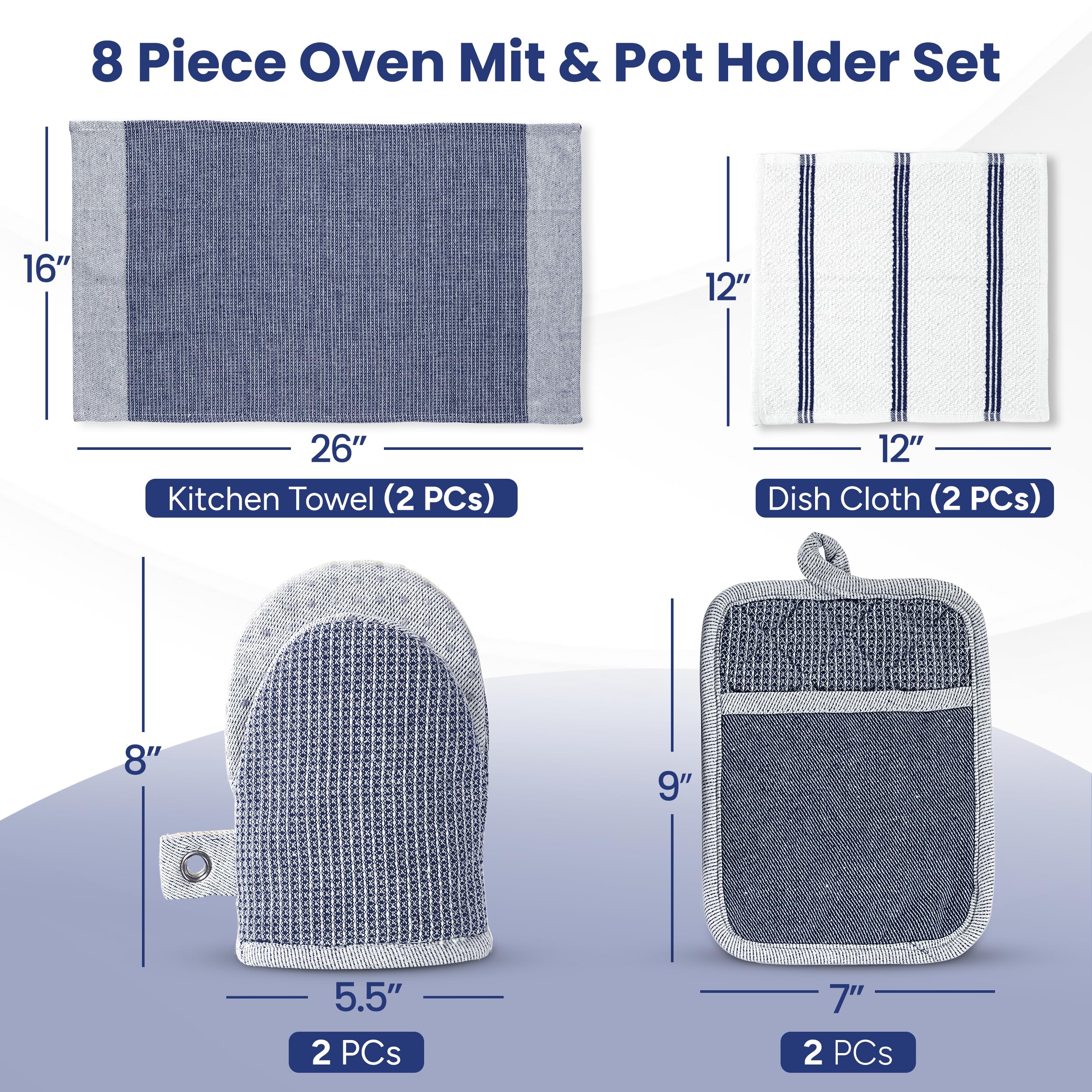 Casa Platino Mini Oven Mitts Set, 8-Piece – 500°F Heat Resistant Silicone Oven Mitt, Potholders for Kitchens, 2 Kitchen Towels & 2 Dish Cloths – Non-Slip & Durable – Indigo