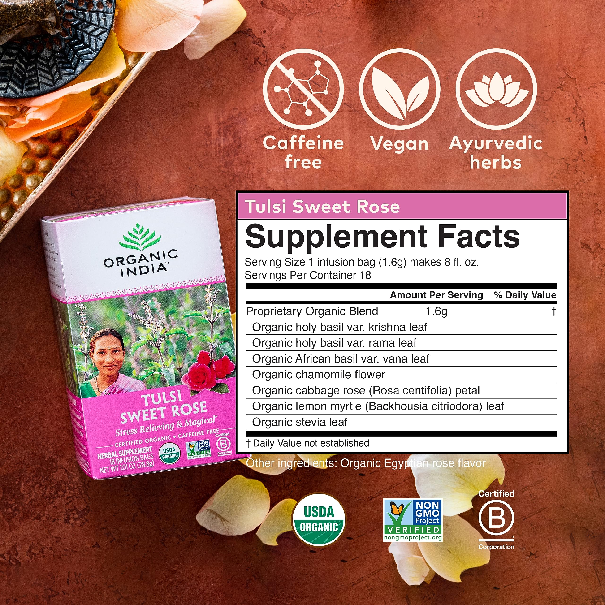 Organic India Tulsi Sweet Rose Herbal Tea - Holy Basil Leaf, African Basil, Chamomilie, Lemon Myrtle, Stress Relieving, Immune Support, USDA Certified Organic, Caffeine-Free - 18 Infusion Bags, 6 Pack