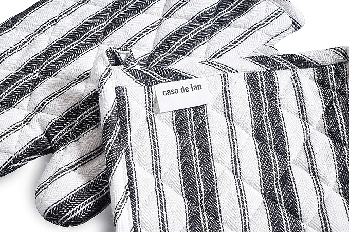 Oven Mitts & Potholder Set - Durable Heat Resistant Gloves - Thick Mittens for Kitchen - Suitable for Cooking, Baking, Grilling - BBQ- 2 Oven Mitts & 2 Potholders - Black Stripes - Casa De Lan