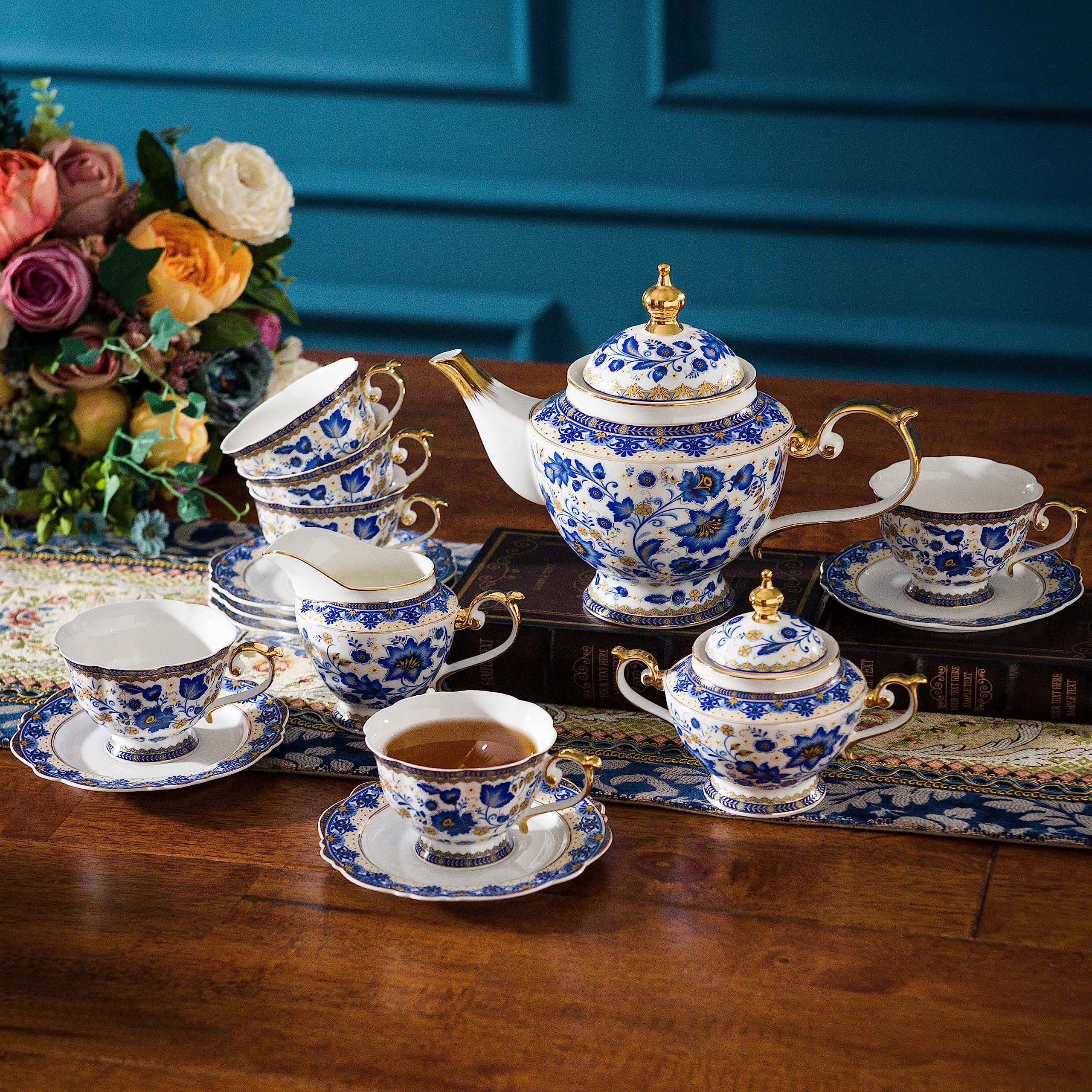 ACMLIFE Tea Set for Adults, Vintage Tea Sets, Bone China Tea Set, Tea Cup Set Porcelain Tea Set for 6, Floral Tea Cup Set With Teapot, 21 Pieces Tea Party Sets for Women Gift，Mother's Day (Blue)