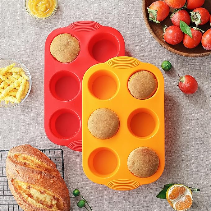 2PCS Silicone Muffin Cupcake Pan Molds, 6-Cavity Non Stick Silicone Muffin Pans for Baking Muffin, Cupcakes, Brownies and More, Food Grade and BPA Free (Orange and Red)