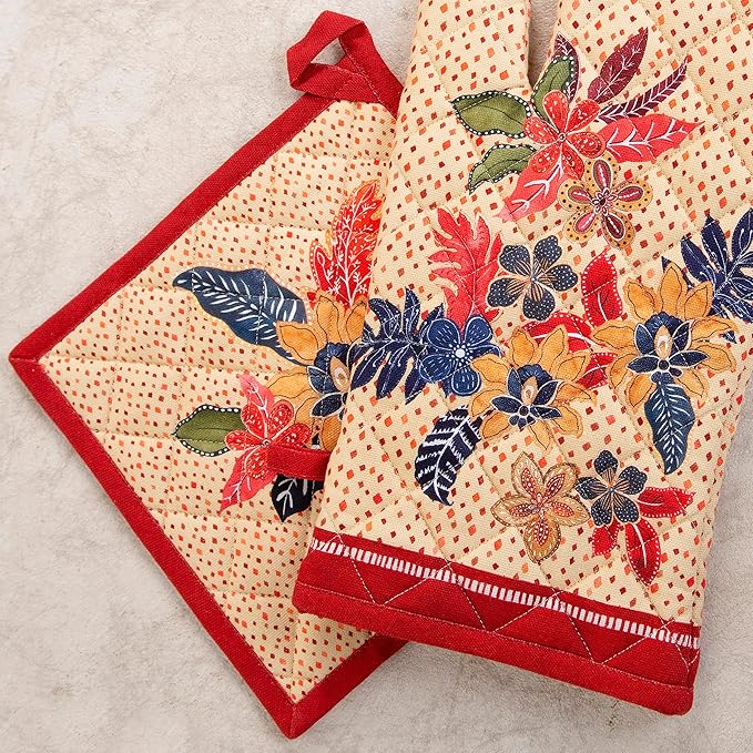 Maison d' Hermine 100% Cotton Oven Mitt & Pot Holder Set (7.5"x13" & 8"x8") Heat Resistant BBQ Cooking Gloves with Loop, Baking, Grilling, Kitchen, Handling Hot Pans (Kalahari)