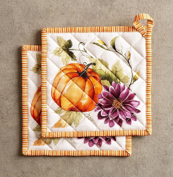Maison d' Hermine Pot Holders set 100% Cotton Heat Resistant Potholders 8" x 8" Hot Pads with Loop BBQ, Cooking, Baking, Grilling, Kitchen, Handling Hot Pans (Pack of 2, Pumpkin Garden - Cloudy Cream)
