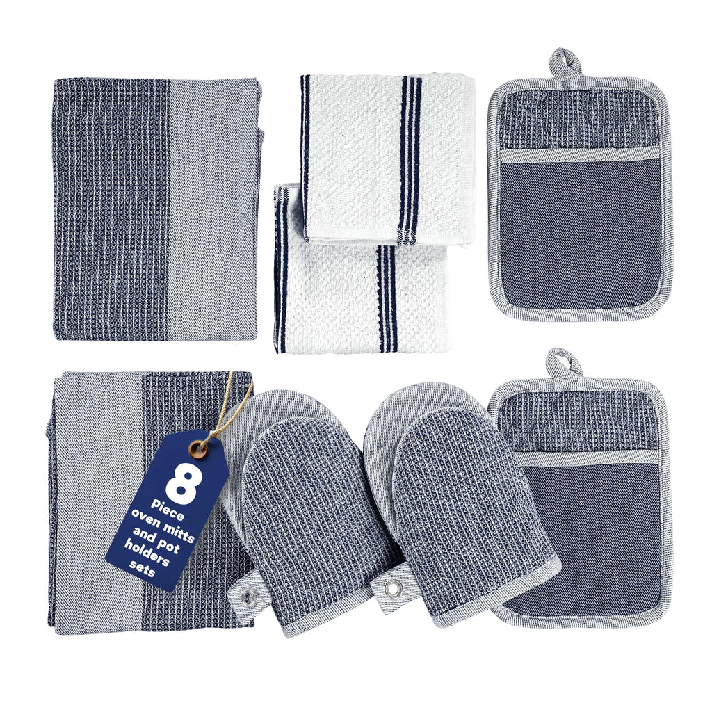Casa Platino Mini Oven Mitts Set, 8-Piece – 500°F Heat Resistant Silicone Oven Mitt, Potholders for Kitchens, 2 Kitchen Towels & 2 Dish Cloths – Non-Slip & Durable – Indigo