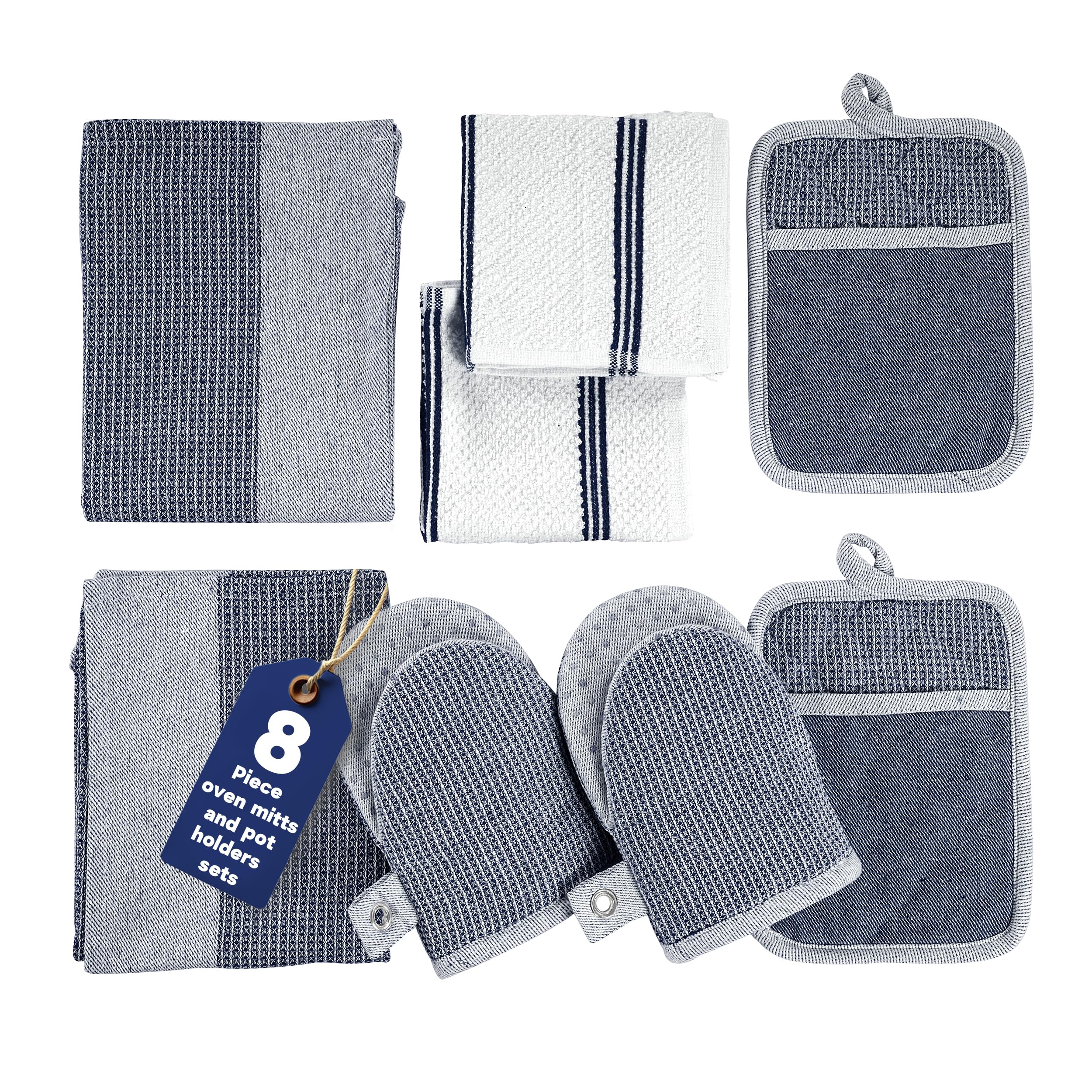 Casa Platino Mini Oven Mitts Set, 8-Piece – 500°F Heat Resistant Silicone Oven Mitt, Potholders for Kitchens, 2 Kitchen Towels & 2 Dish Cloths – Non-Slip & Durable – Indigo