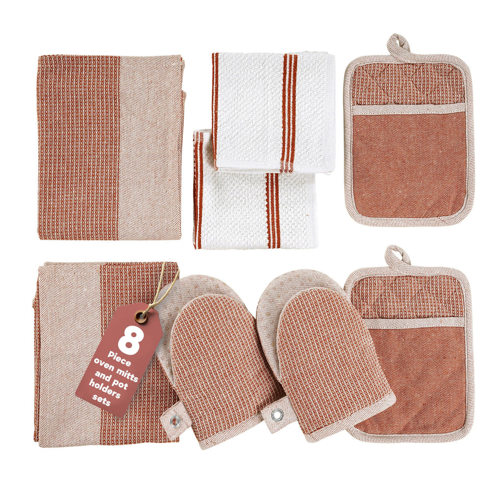 Casa Platino Potholders for Kitchens, 8-Piece – 500°F Heat Resistant Oven Mitts and Pot Holders, Mini Oven Mitt with Silicone Grip, 2 Kitchen Towels & 2 Dish Cloths – Durable & Non-Slip – Canyon Rose