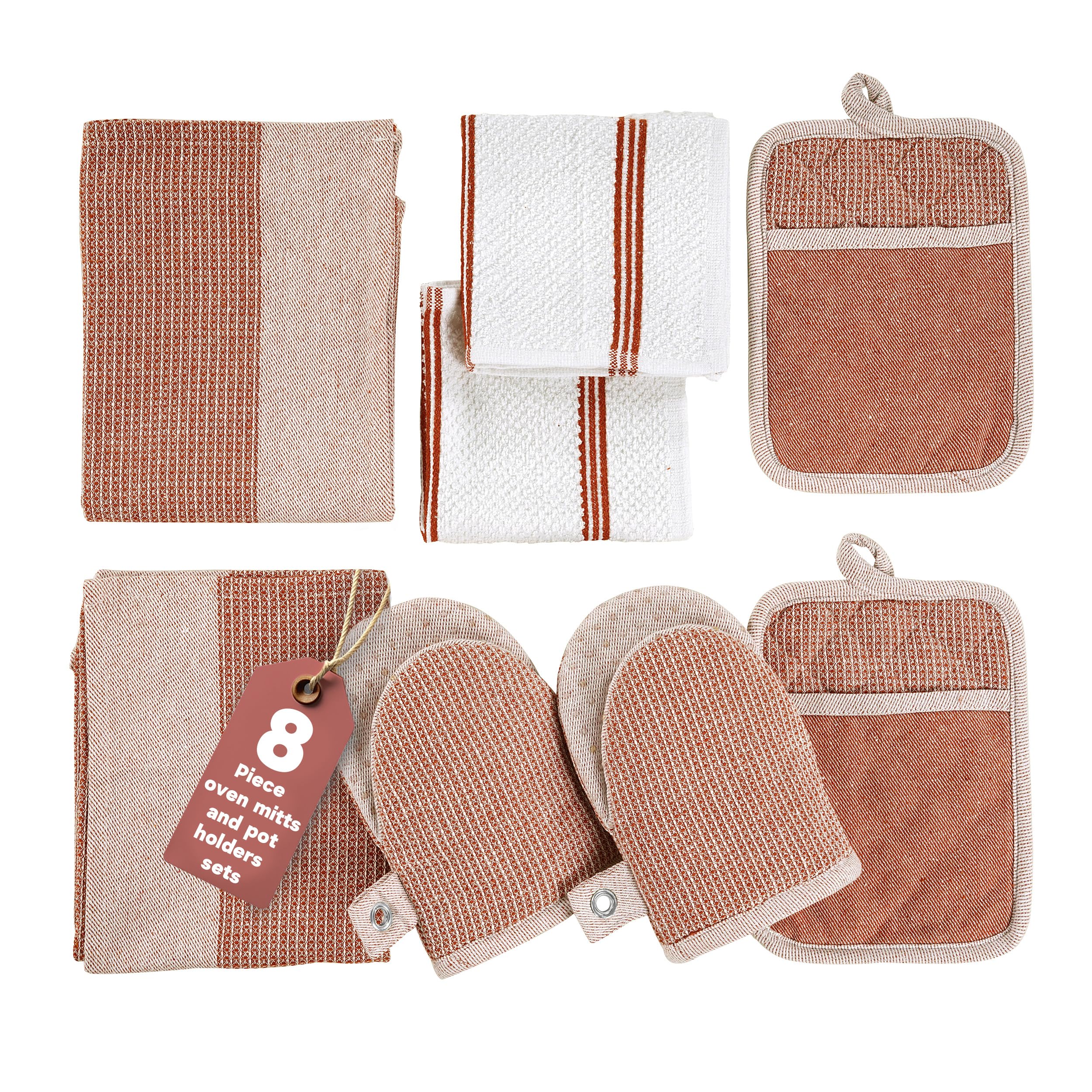 Casa Platino Potholders for Kitchens, 8-Piece – 500°F Heat Resistant Oven Mitts and Pot Holders, Mini Oven Mitt with Silicone Grip, 2 Kitchen Towels & 2 Dish Cloths – Durable & Non-Slip – Canyon Rose