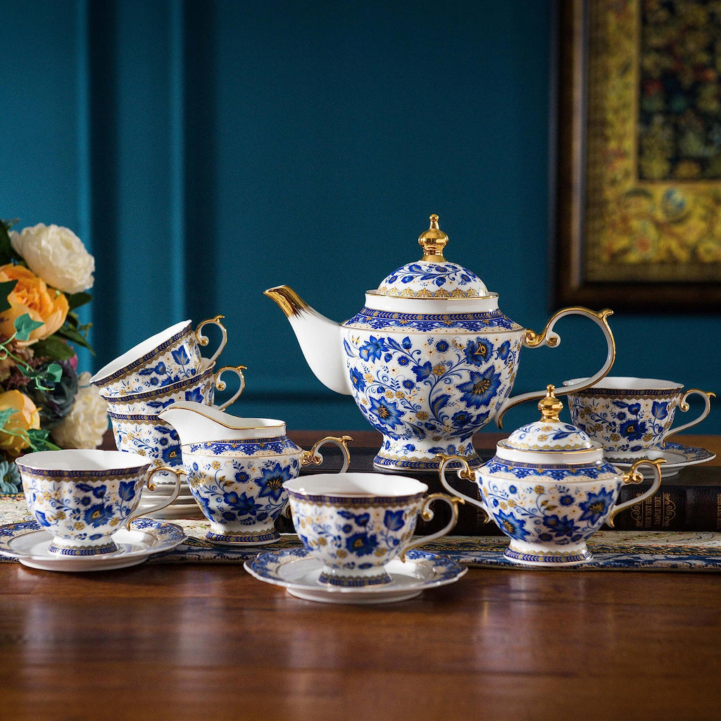 ACMLIFE Tea Set for Adults, Vintage Tea Sets, Bone China Tea Set, Tea Cup Set Porcelain Tea Set for 6, Floral Tea Cup Set With Teapot, 21 Pieces Tea Party Sets for Women Gift，Mother's Day (Blue)